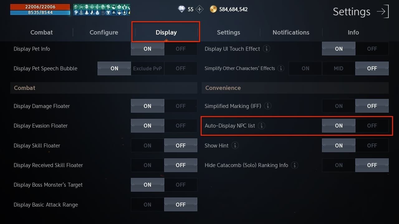 display auto display npc list